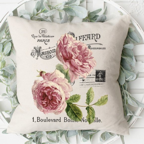 French Country Pillow Cover, Pink Roses, Spring - Picture 2 of 3